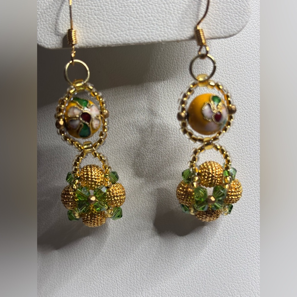 Handmade cloisonné earrings gold tone beads green and gold glass beads 2 in